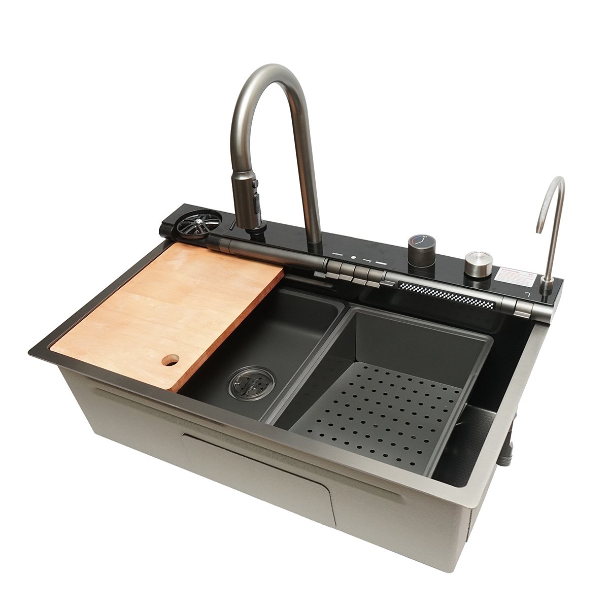Chiuveta bucatarie multifunctionala cu doua baterii, otel inoxidabil cu afisaj digital temperatura, doua cascade, spalator pahare, scurgator, tava, tocator si accesorii incluse, dimensiune 75x46x22cm